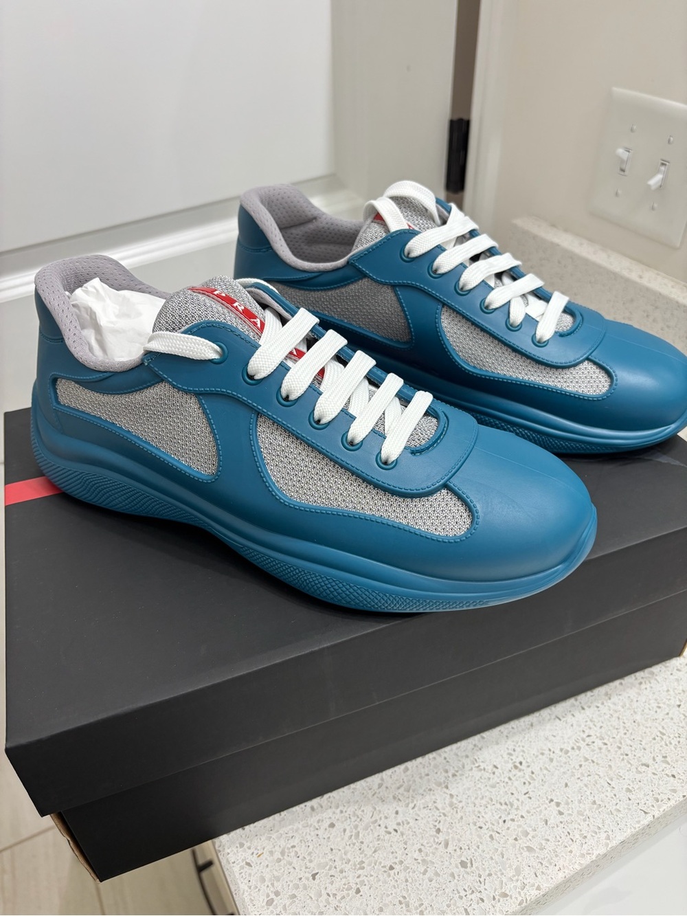 Prada Teal Blue and Gray Men's Lace-Up Sneakers
